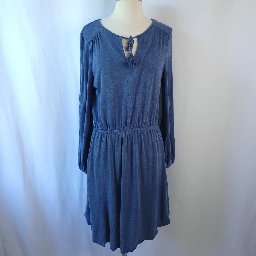 Boden Boho Linen Blend Tassel Tie Jersey Dress Long Sleeves Blue Size 8